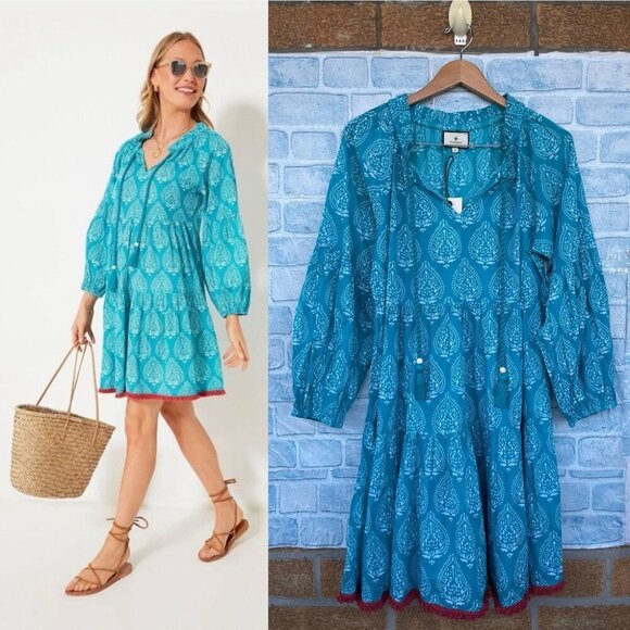TUCKERNUCK Tropical Teal Lantern Block Print Tie Neck Coverup Dress Size Medium - Picture 1 of 14